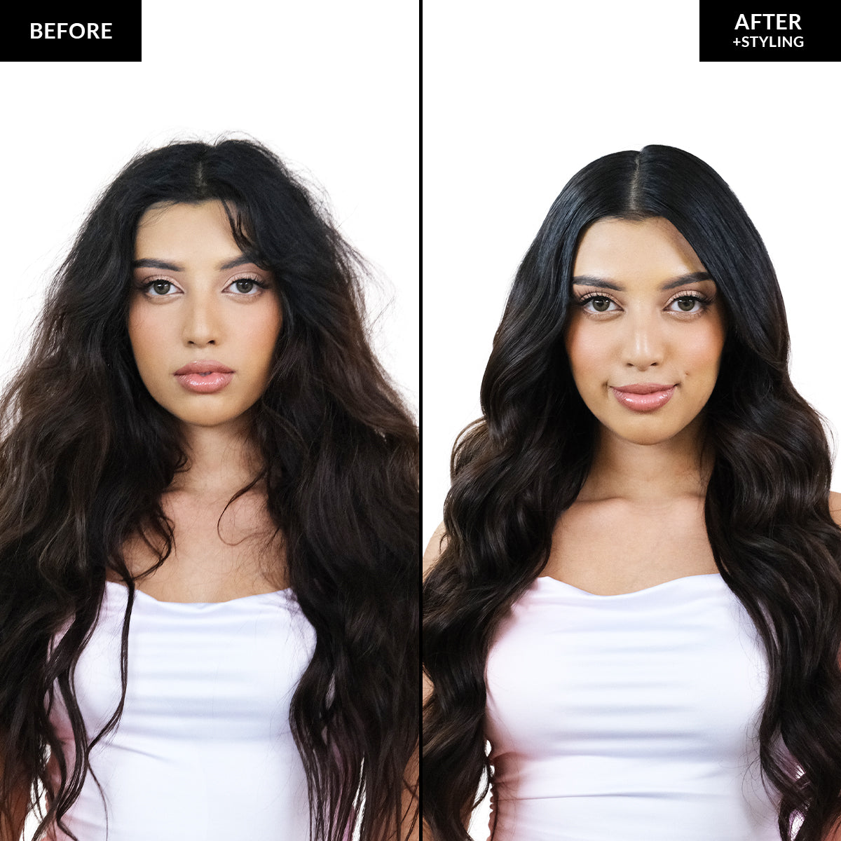 Anti Frizz Finishing Cream Before and After Front view long hair